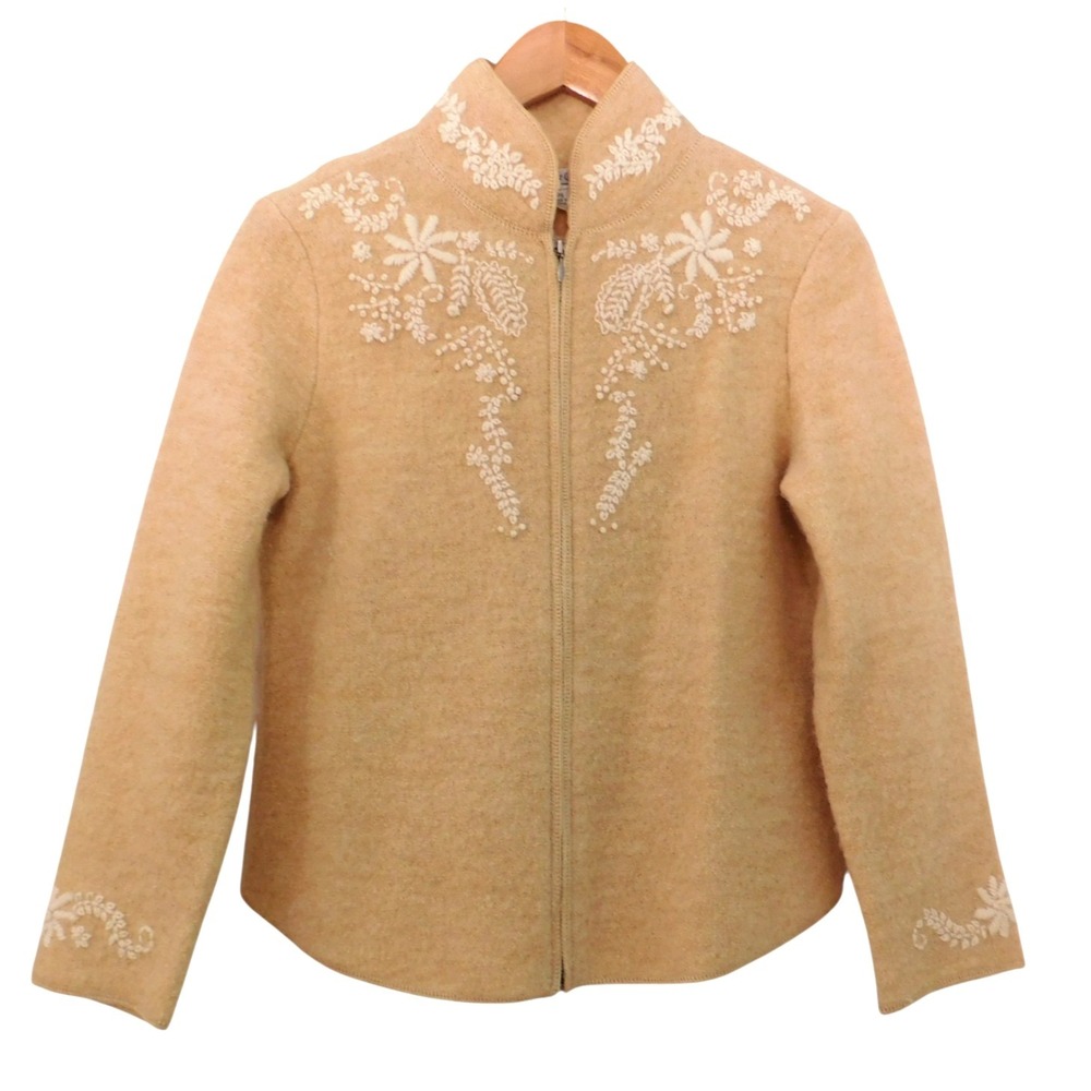Boiled Wool Beige Full Zip Cardigan‎ jacket Christmas Tree Sweater Size PS